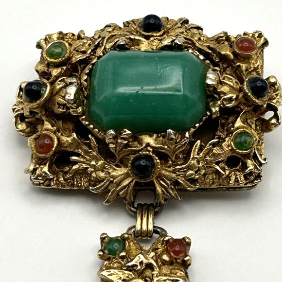 Vintage Kramer of New York Brooch Tassel Faux Jade Cabochon Gold Tone Rare - Picture 9 of 15